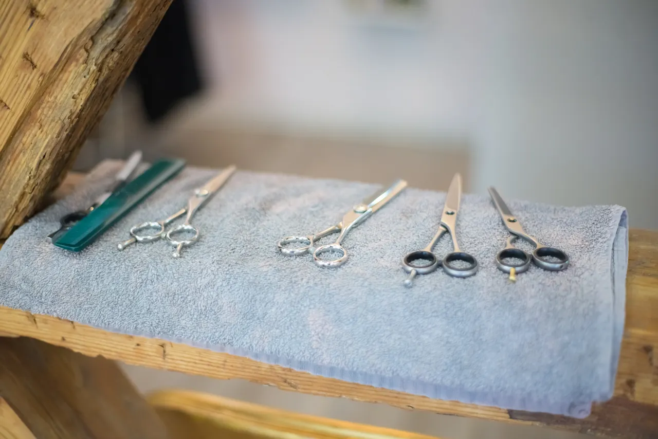 Friseurscheren liegen auf einem Handtuch im Salon